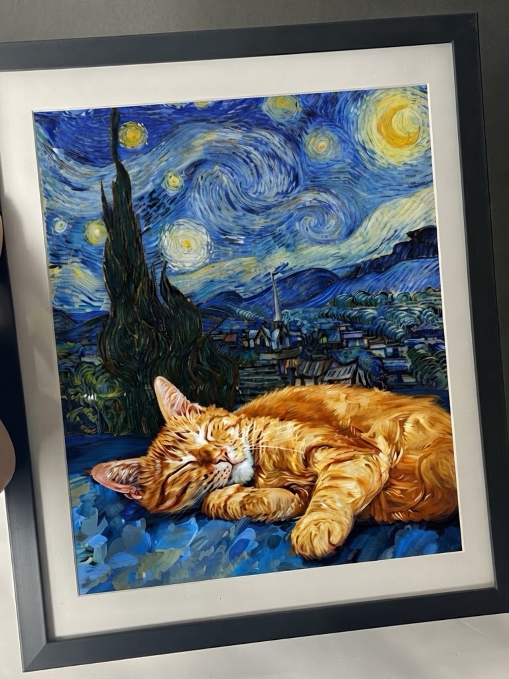 Sleeping Ginger Cat Wall Art Print in Blue and Orange Van Gogh Starry night